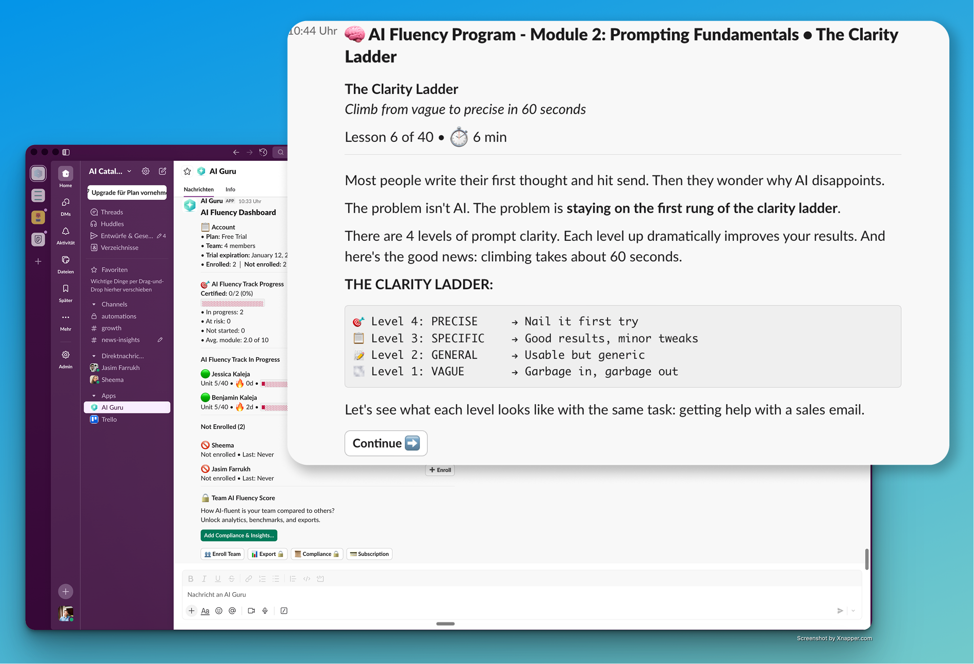 AI Guru in Slack - The Clarity Ladder lesson showing 4 levels of prompt precision